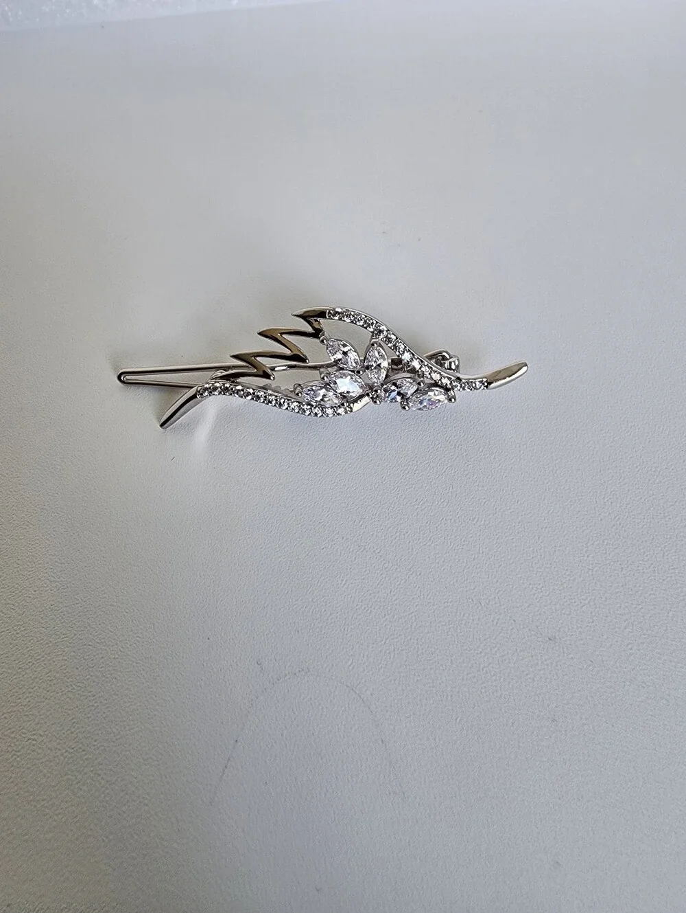 Silver Plated Crystal Leaf Hair Barrette Rhinestone French Hair Clip